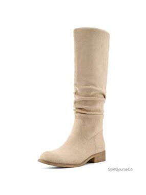 Faux Suede Slouch Knee High Boots Pointed Toe Low Heel Side Zip Womens